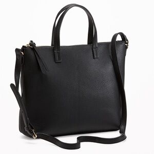 Black Faux Leather Pebbled Zip Top Crossbody Shoulder Tote Handbag Purse